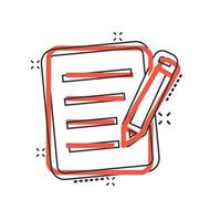 Blogging icon in comic style. Document with pen cartoon vector illustration on white isolated background. Content splash effect business concept.