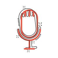 Microphone icon in comic style. Studio mike cartoon vector illustration on white isolated background. Audio record splash effect business concept.