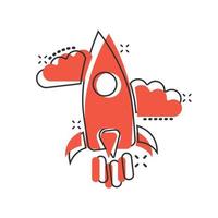 Rocket icon in comic style. Spaceship launch cartoon vector illustration on white isolated background. Sputnik splash effect business concept.