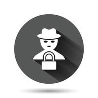 Fraud hacker icon in flat style. Spy vector illustration on black round background with long shadow. Cyber defend circle button business concept.