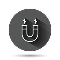 Magnet icon in flat style. Attract vector illustration on black round background with long shadow effect. Electromagnetic circle button business concept.