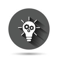 Innovation icon in flat style. Lightbulb with cogwheel vector illustration on black round background with long shadow effect. Idea circle button business concept.