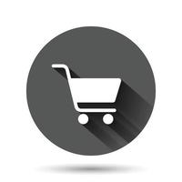 Shopping cart icon in flat style. Trolley vector illustration on black round background with long shadow effect. Basket circle button business concept.