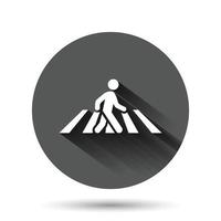 Pedestrian crosswalk icon in flat style. People walkway sign vector illustration on black round background with long shadow effect. Navigation circle button business concept.