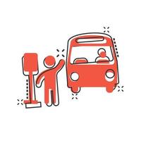 Bus station icon in comic style. Auto stop cartoon vector illustration on white isolated background. Autobus vehicle splash effect business concept.