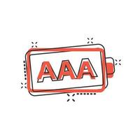 AAA battery icon in comic style. Power level cartoon vector illustration on white isolated background. Lithium accumulator splash effect business concept.