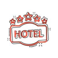 Hotel 5 stars sign icon in comic style. Inn cartoon vector illustration on white isolated background. Hostel room information splash effect business concept.