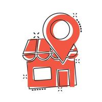 Home pin icon in comic style. House navigation cartoon vector illustration on white isolated background. Locate position splash effect business concept.