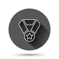 icono de medalla en estilo plano. Ilustración de vector de signo de premio sobre fondo redondo negro con efecto de sombra larga. Concepto de negocio de botón de círculo de premio de trofeo.