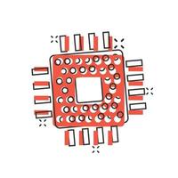 Computer cpu icon in comic style. Circuit board cartoon vector illustration on white isolated background. Motherboard chip splash effect business concept.