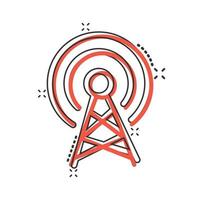 icono de torre de antena en estilo cómico. Ilustración de vector de dibujos animados de difusión sobre fondo blanco aislado. concepto de negocio de efecto de salpicadura wifi.