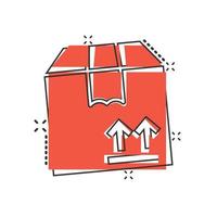 Shipping box icon in comic style. Container cartoon vector illustration on white isolated background. Cardboard package splash effect business concept.
