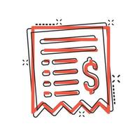 icono de cheque de dinero en estilo cómico. Ilustración de vector de dibujos animados de chequera sobre fondo blanco aislado. concepto de negocio de efecto de salpicadura de bono de finanzas.