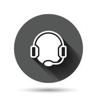 Helpdesk icon in flat style. Headphone vector illustration on black round background with long shadow effect. Chat operator circle button business concept.