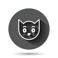 icono de cabeza de gato en estilo plano. linda ilustración de vector de mascota sobre fondo redondo negro con efecto de sombra larga. concepto de negocio de botón de círculo animal.