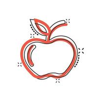 icono de manzana en estilo cómico. ilustración de vector de dibujos animados de fruta fresca sobre fondo blanco aislado. concepto de negocio de efecto de salpicadura de comida jugosa.