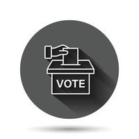 Vote icon in flat style. Ballot box vector illustration on black round background with long shadow effect. Election circle button business concept.