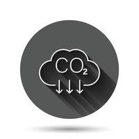 icono de co2 en estilo plano. ilustración vectorial de emisión sobre fondo redondo negro con efecto de sombra larga. concepto de negocio de botón de círculo de reducción de gas. vector