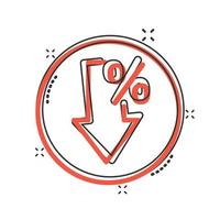 Decline arrow icon in comic style. Decrease cartoon vector illustration on white isolated background. Revenue model splash effect business concept.