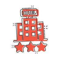 icono de signo de hotel 3 estrellas en estilo cómico. Posada edificio ilustración vectorial de dibujos animados sobre fondo blanco aislado. concepto de negocio de efecto de salpicadura de habitación de albergue. vector