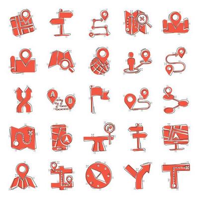 Navigation icon set in comic style. Gps direction cartoon vector illustration on white isolated background. Locate pin position splash effect business concept.
