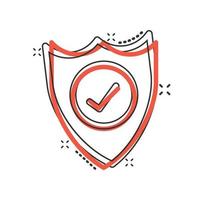 Shield with check mark icon in comic style. Protect cartoon vector illustration on white isolated background. Checkmark guard splash effect business concept.