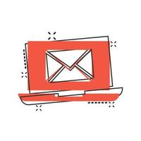 Laptop with email icon in comic style. Mail notification cartoon vector illustration on white isolated background. Envelope with message splash effect business concept.