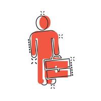 Businessman with briefcase icon in comic style. People manager cartoon vector illustration on white isolated background. Employee splash effect business concept.