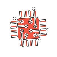 Computer cpu icon in comic style. Circuit board cartoon vector illustration on white isolated background. Motherboard chip splash effect business concept.