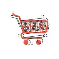 Shopping cart icon in comic style. Trolley cartoon vector illustration on white isolated background. Basket splash effect business concept.