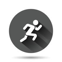 ejecutar icono de personas en estilo plano. Saltar ilustración vectorial sobre fondo redondo negro con efecto de sombra larga. concepto de negocio de botón de círculo de fitness. vector