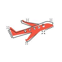 Plane icon in comic style. Airplane cartoon vector illustration on white isolated background. Flight airliner splash effect business concept.