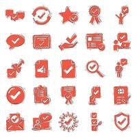 Approve icon set in comic style. Check mark cartoon vector illustration on white isolated background. Tick accepted splash effect business concept.