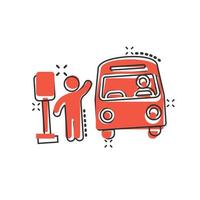 Bus station icon in comic style. Auto stop cartoon vector illustration on white isolated background. Autobus vehicle splash effect business concept.