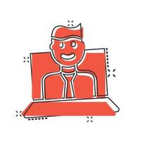 People with laptop computer icon in comic style. Pc user cartoon vector illustration on white isolated background. Office manager splash effect business concept.