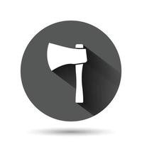 Axe icon in flat style. Lumberjack vector illustration on black round background with long shadow effect. Blade circle button business concept.