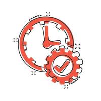 Check mark on clock icon in comic style. Gear with time cartoon vector illustration on white isolated background. Production splash effect business concept.