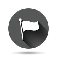 icono de bandera en estilo plano. pin ilustración vectorial sobre fondo redondo negro con efecto de sombra larga. concepto de negocio de botón de círculo de asta de bandera. vector