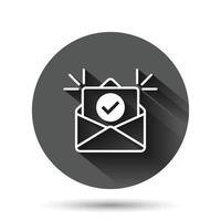 Envelope with confirmed document icon in flat style. Verify vector illustration on black round background with long shadow effect. Receive circle button business concept.