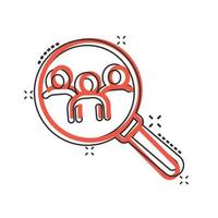 Search job vacancy icon in comic style. Loupe career cartoon vector illustration on white isolated background. Find people employer splash effect business concept.