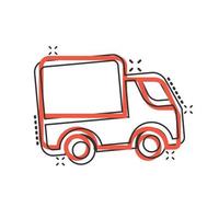 Delivery truck icon in comic style. Van cartoon vector illustration on white isolated background. Cargo car splash effect business concept.
