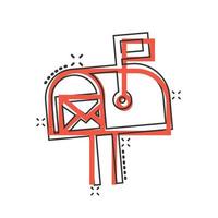 Mailbox icon in comic style. Postbox cartoon vector illustration on white isolated background. Email envelope splash effect business concept.