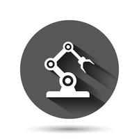 Robot arm icon in flat style. Mechanic manipulator vector illustration on black round background with long shadow effect. Machine circle button business concept.