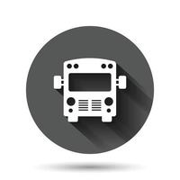 Bus icon in flat style. Coach car vector illustration on black round background with long shadow effect. Autobus circle button business concept.