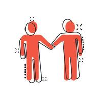 Greetings gesture icon in comic style. People handshake cartoon vector illustration on white isolated background. Hand shake splash effect business concept.