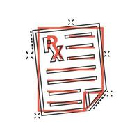 Prescription icon in comic style. Rx document cartoon vector illustration on white isolated background. Paper splash effect business concept.