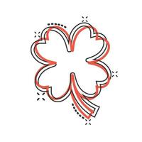 icono de trébol de cuatro hojas en estilo cómico. ilustración vectorial de dibujos animados del día de San Patricio sobre fondo blanco aislado. concepto de negocio de efecto de salpicadura de forma de flor. vector