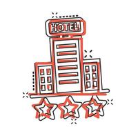 Hotel 3 stars sign icon in comic style. Inn building cartoon vector illustration on white isolated background. Hostel room splash effect business concept.