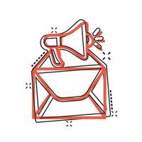 Envelope notification icon in comic style. Email with speaker cartoon vector illustration on white isolated background. Receive mail message splash effect business concept.