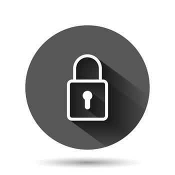 icono de candado en estilo plano. bloquear la ilustración vectorial sobre fondo redondo negro con efecto de sombra larga. concepto de negocio de botón de círculo privado. vector